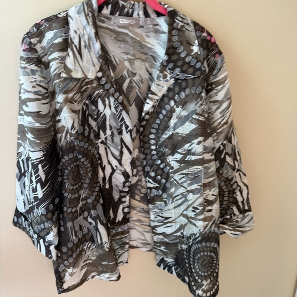 Chicos geo Print Sheer Open Front Cardigan Multicolor Sz 2 or M